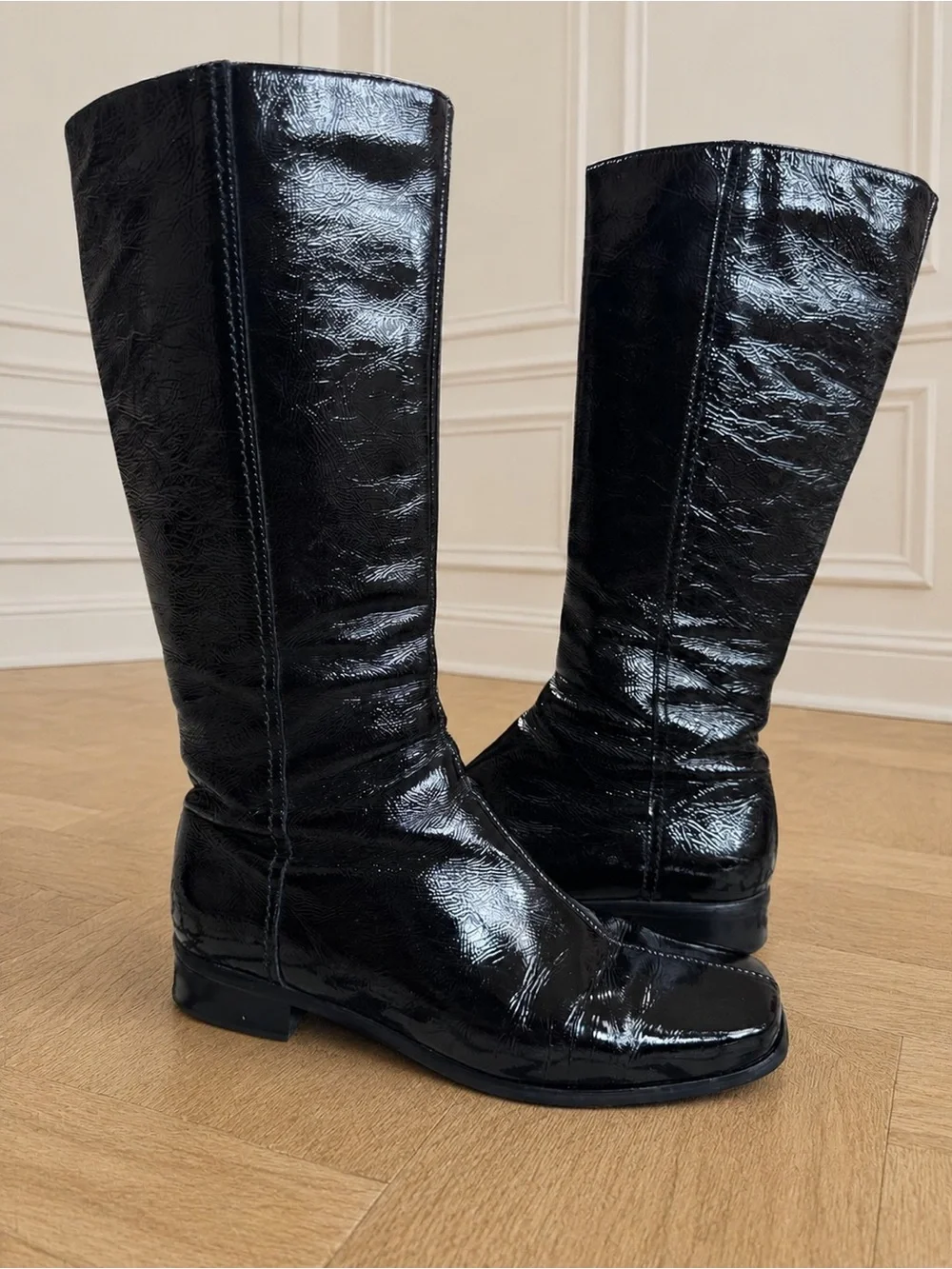 La Canadienne Black Patent Leather Knee High Square Toe Riding Boots Size 7.5 M